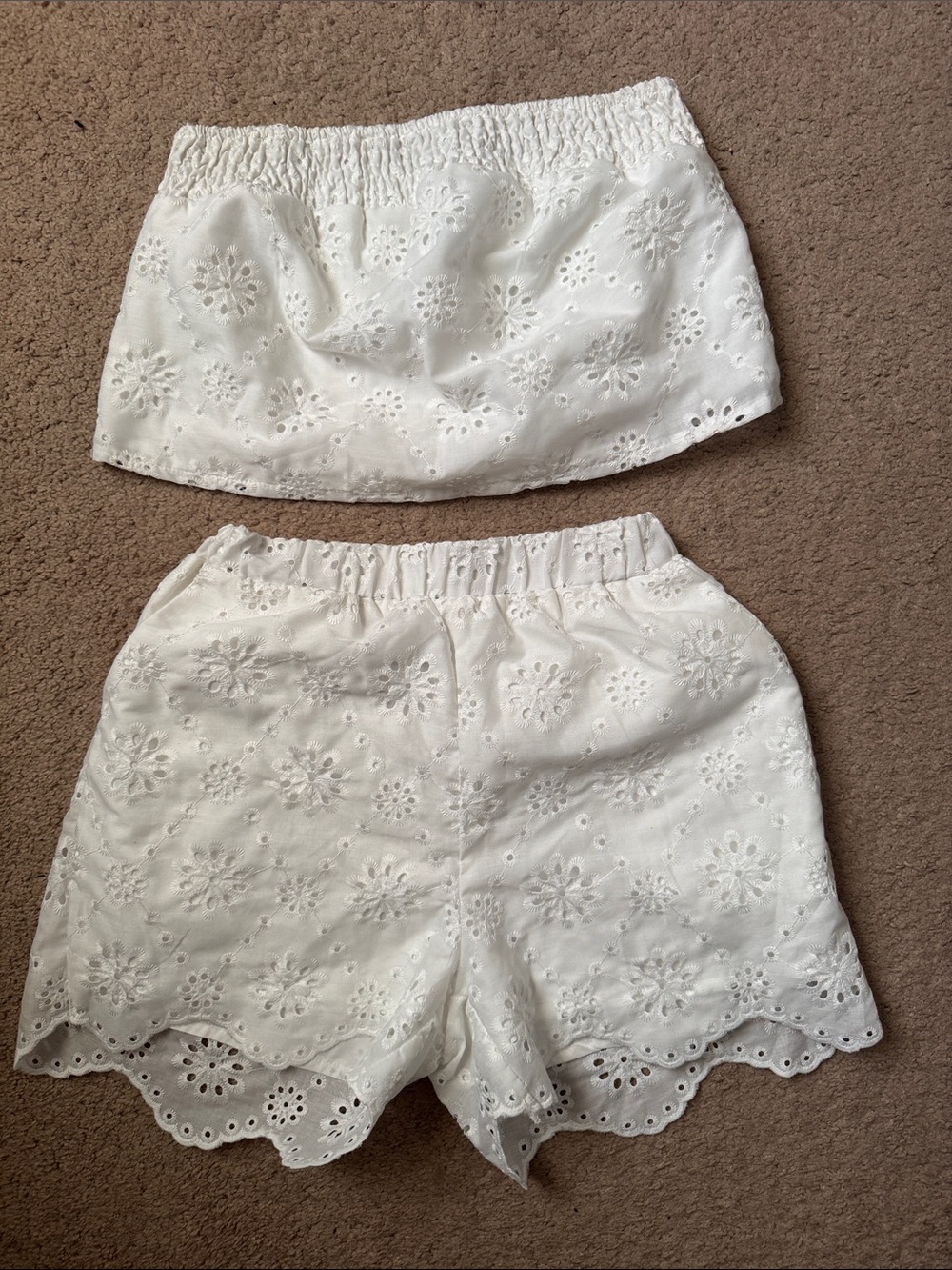SHEIN White Eyelet Cotton Strapless Tube Top & Shorts Set